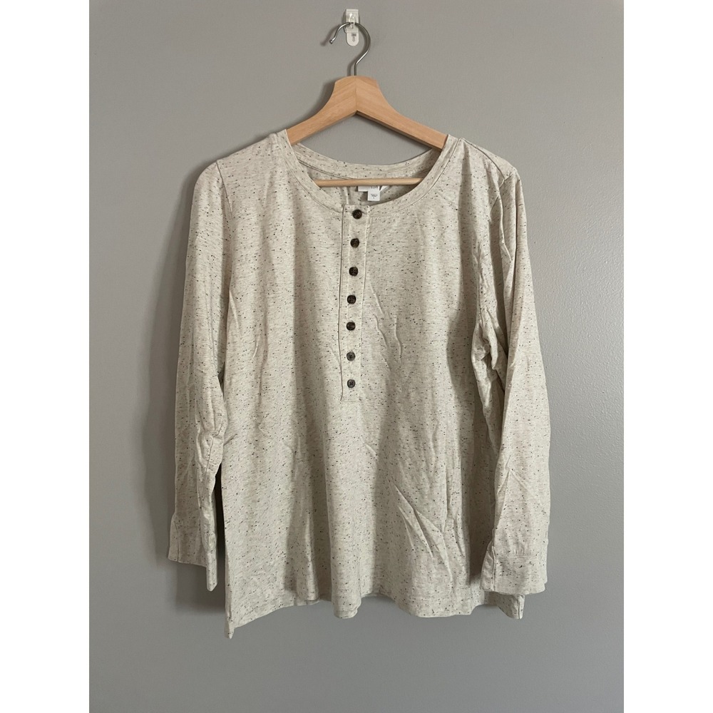 J. Jill Henley Top Womens L Cream Speckled Long Sleeve Button Casual Classic
